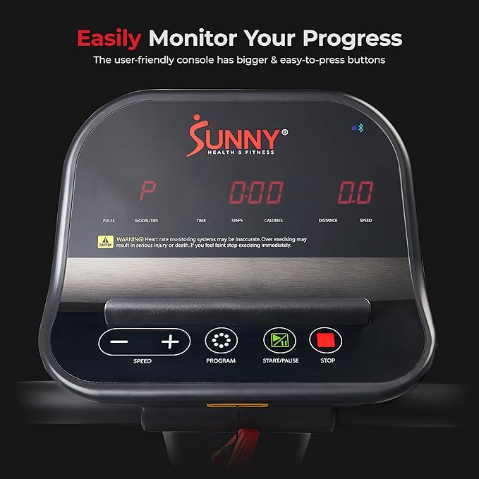 Sunny Health & Fitness Endurance Cardio Running Walking Treadmill with Extended Safety Handrails, Wide Deck, Shock Absorption, Digital Monitor, Optional Free SunnyFit® App Bluetooth Connection