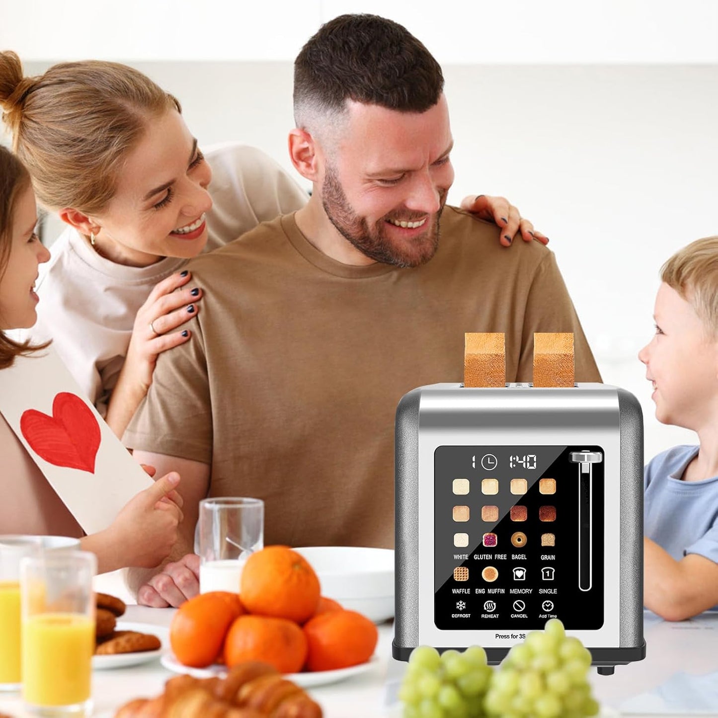 2 Slice Toaster Touch Screen, Stainless Steel Toasters Digital Timer 2 Slot Toasters, 8 Shade Settings 6 Bread Types for Bagel, Cancel, Defrost (Grey）