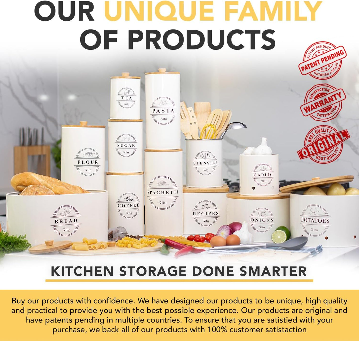 Canister Sets for Kitchen Counter with Wooden Bamboo Lids, Kitchen Canisters for Countertop, Stackable Steel Farmhouse Canisters for Potato Storage, Onion and Potato Storage Bins - Cream