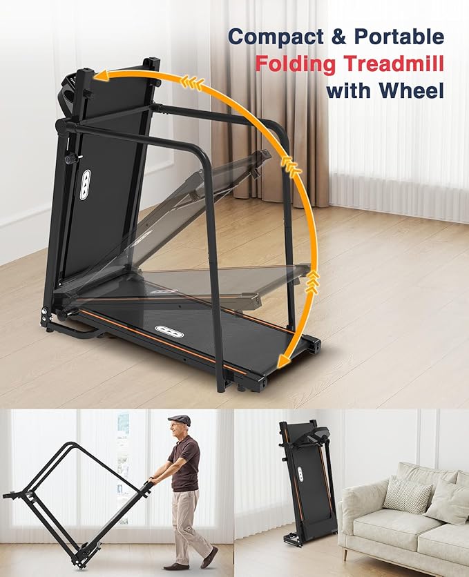 Redliro Walking Treadmill with Long Handrails – Treadmill for Seniors 300 lbs Capacity – Foldable, Lightweight with Wheels, Cup & Phone Holder – Recovery Machine for Home or Apartment