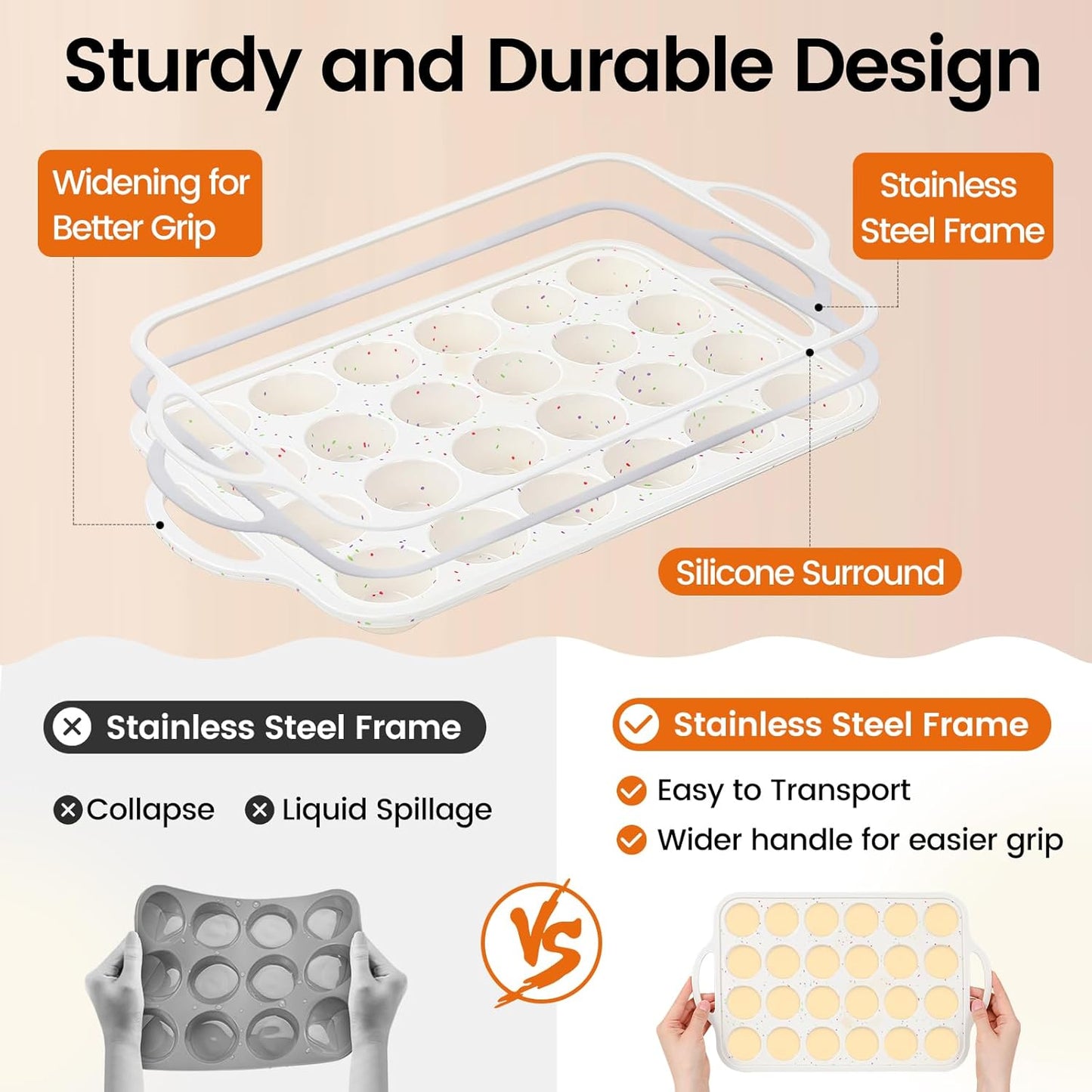 Silicone Mini Muffin Pan With Metal Reinforced Frame - 24 Cups Durable Silicone Cupcake Pan for Muffin, Cupcakes, BPA Free and Dishwasher Safe - 1 Piece Beige with Rainbow Spots