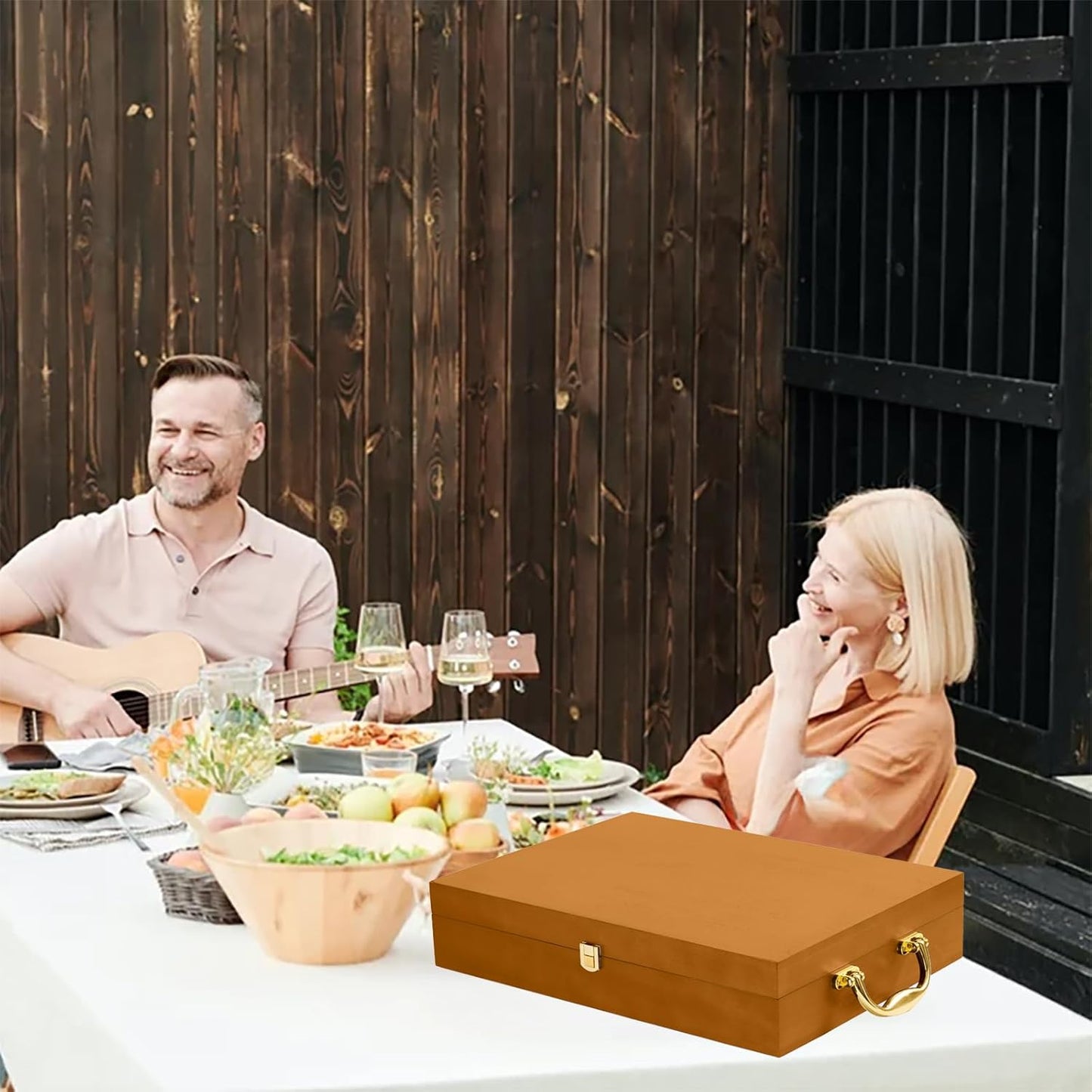 Wooden Silverware Chest without Silverware, Flatware Storage Box with Felt Lined, Silverware Organizer with Lid, Silverware Case for 12 Sets of Utensils, Walnut