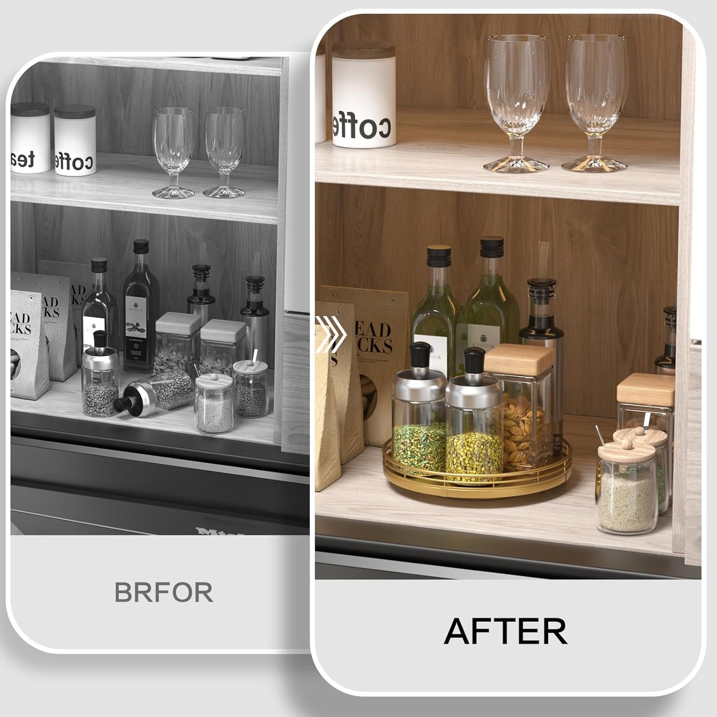 9" Gold Lazy Susan for Table Top, Oak Wood Lazy Susan Turntable Organizer for Dining Coffee Table Centerpiece Bar Decor Kitchen Countertop Bathroom Vanity Decorative Tray for Perfume Jewelry Round