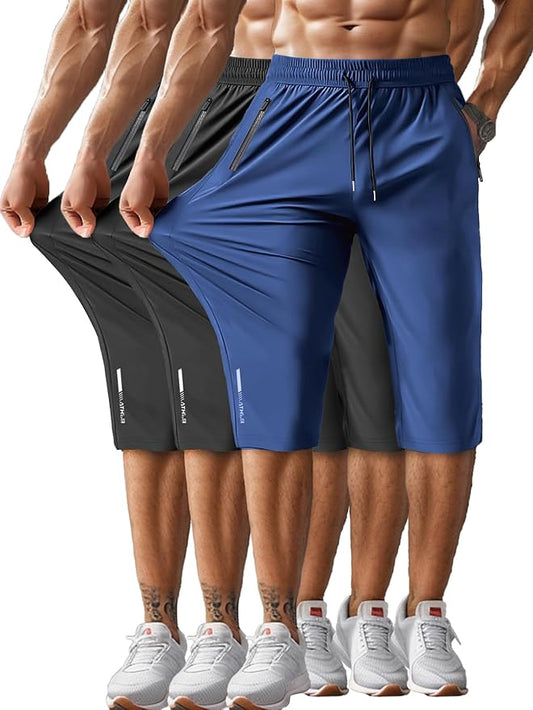 Men's Capri Pants 3/4 Joggers Gym/Workout/Hiking Below Knee Long Shorts Lightweight Quick Dry with Zipper Pockets