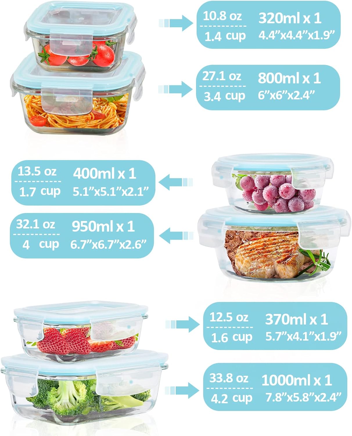 Glass Food Storage Containers with Lids Airtight 6 Pack, Glass Storage Containers with Lids for Food, Not Easy Broken & Leak Proof, Oven/Dishwasher Safe, Blue