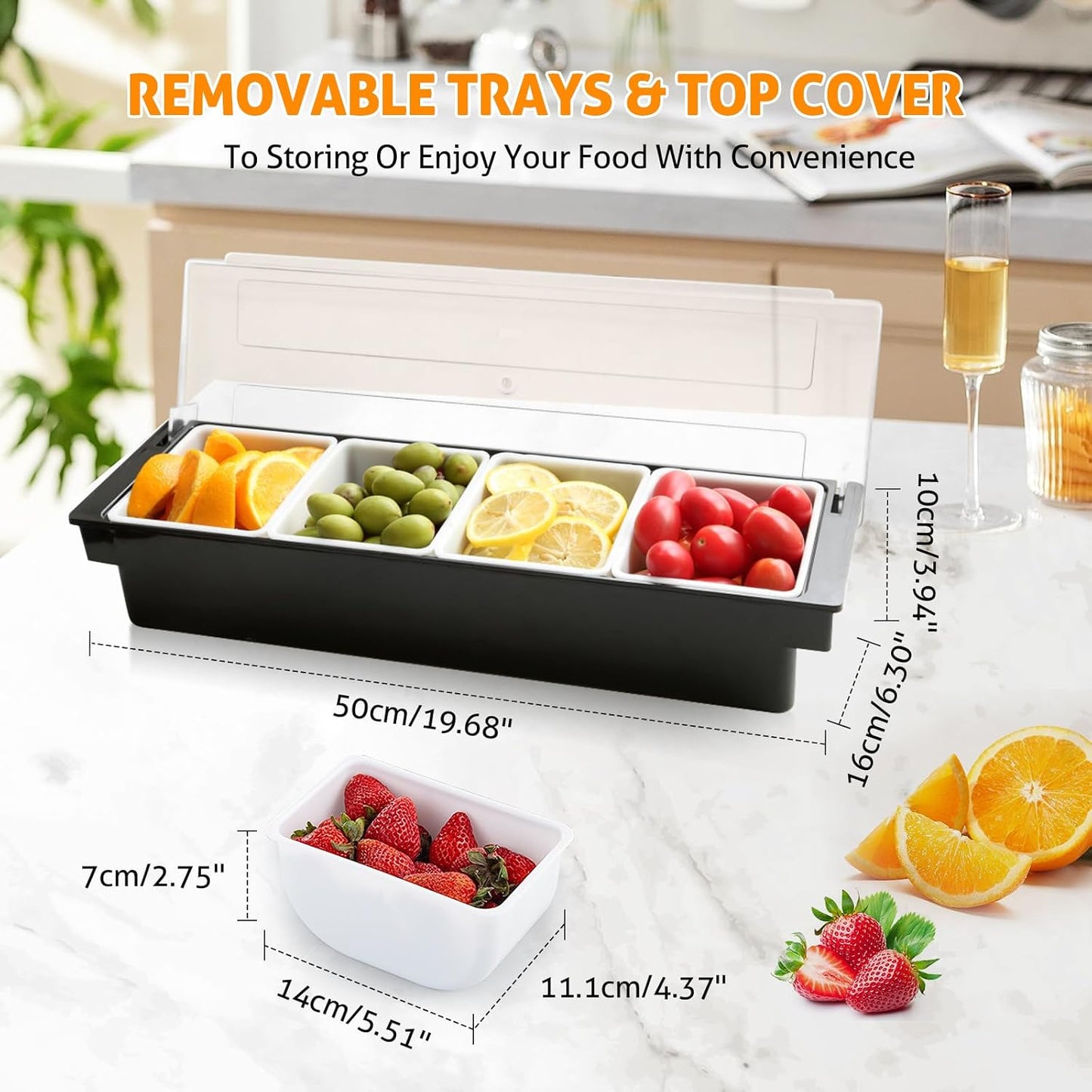 WICHEMI Condiment Container with Lid Ice Chilled Condiment Server with Ice Tray Fruit, Veggie & Condiment Caddy Plastic Garnish Station for Bartending Serving Taco, Salad Bar Container (4 Compartment)