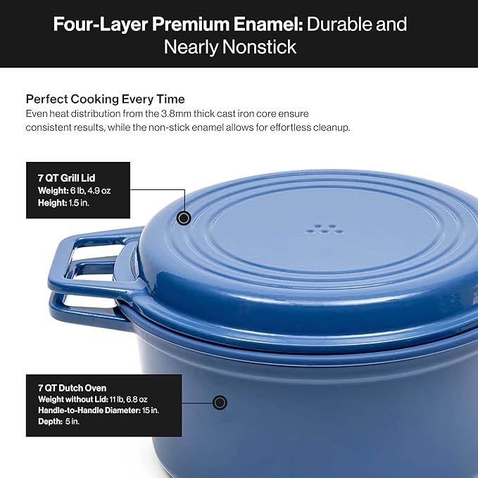 Misen 7 QT Enameled Cast Iron Dutch Oven - Chip-Resistant Enamel Coating - Thick Iron Core For Heat Retention - Large Cooking Surface - Oven Safe, Induction Compatible - Grill and Silicone Lid, Blue