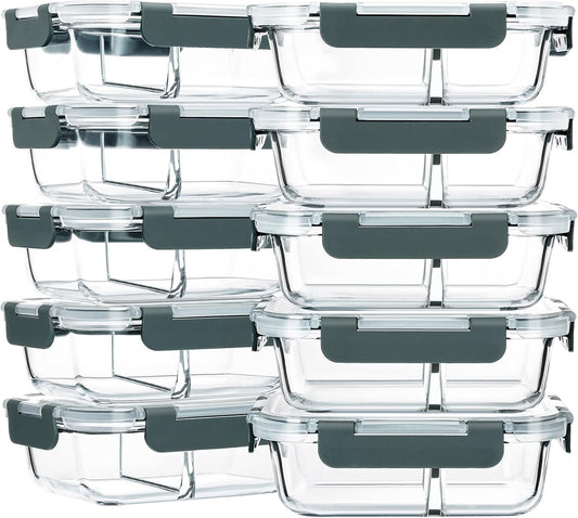 M MCIRCO 10-Pack,30 Oz Glass Meal Prep Containers 2 Compartments Airtight Lunch Bento Boxes with Lids, Glass Food Storage Containers, Microwave, Oven, Freezer and Dishwasher