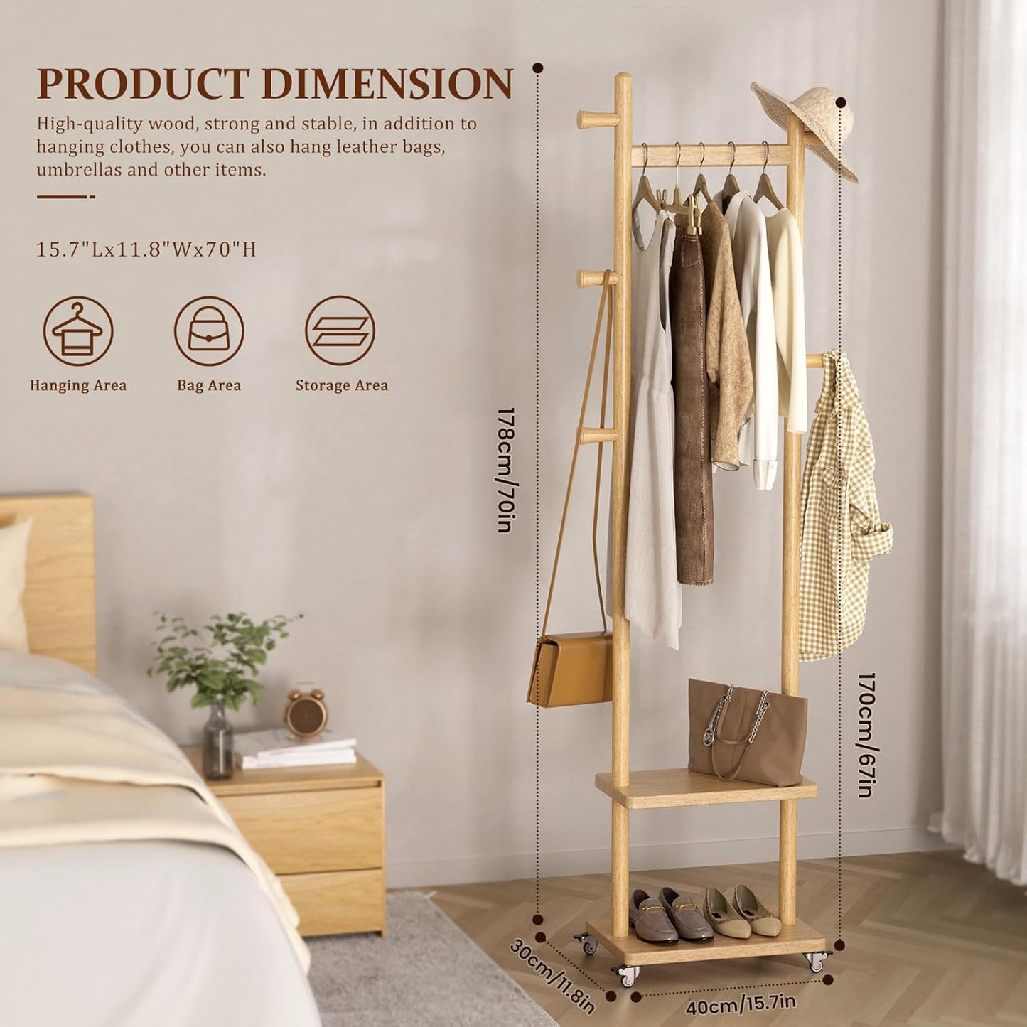 Solid Wood Coat Rack Freestanding Clothing Rack with Wheels & 2 Shelves Storage & 5 Hooks Heavy Duty Clothes Rack Wood Coat Tree Stand Hat Hanger Rack for Corner Bedroom Entryway Living Room Hotel
