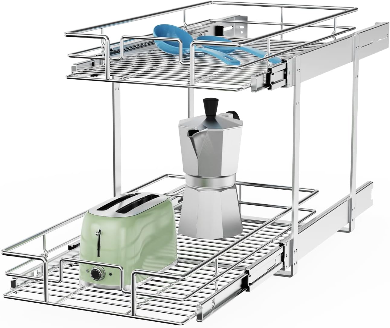 ROOMTEC Individual Pull Out Cabinet Organizer (12½" W x 21½" D), 2 Tier Spice Rack Organizer for Cabinet, Slide Out Drawer Pantry Shelf Organization and Storage for Kitchen Bathroom