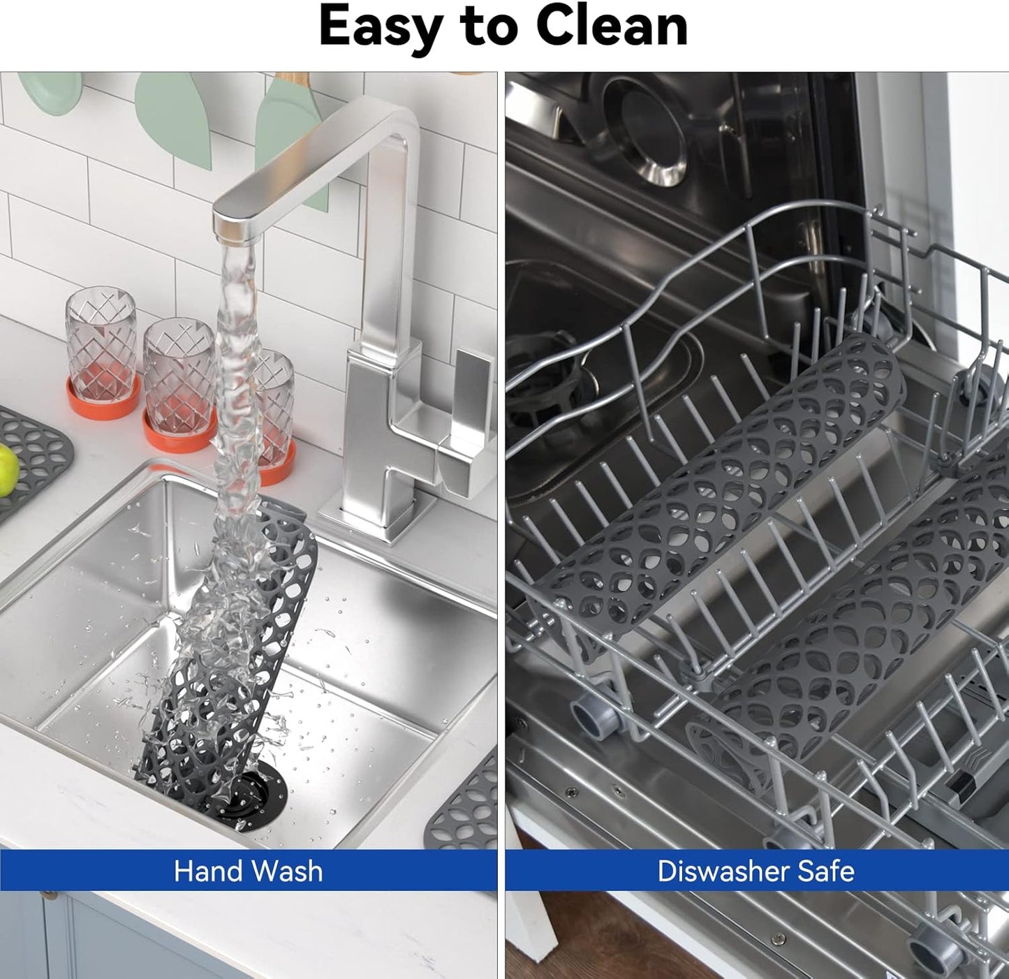 Kitchen Sink Mats, TOOVEM 2PCS Non-Slip Heat Resistant Silicone Sink Protector Mat for Bottom of Stainless Steel Porcelain Sink, Folding Farmhouse Rear Drain Sink Mats, Center Drain