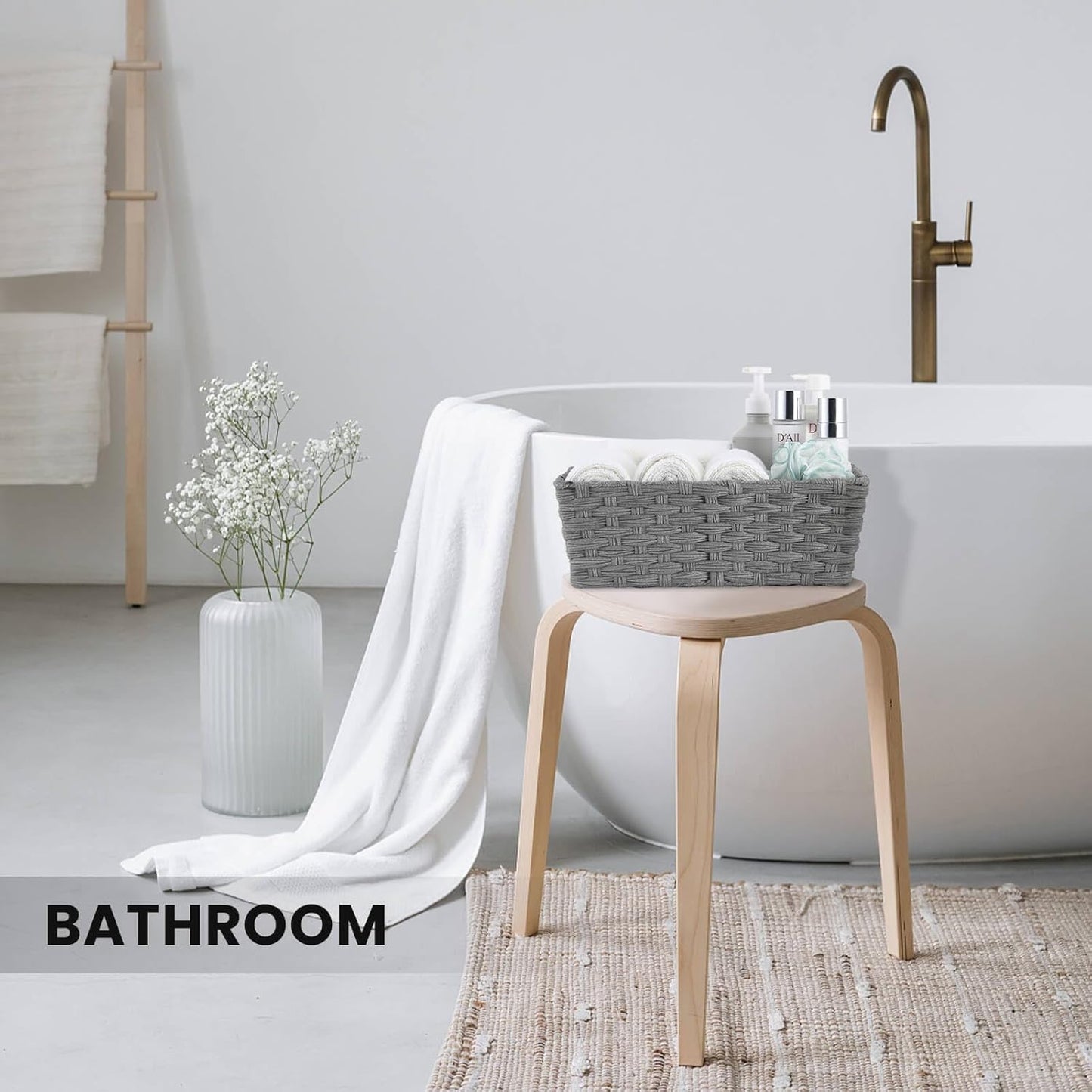 Large Wicker Storage Basket, Metal Frame, Set of 2, Washable Waterproof, 15" x 10.3" x 5.2", Grey Color, Woven Basket for Pantry, Toilet, Bathroom, Bedroom, Patio