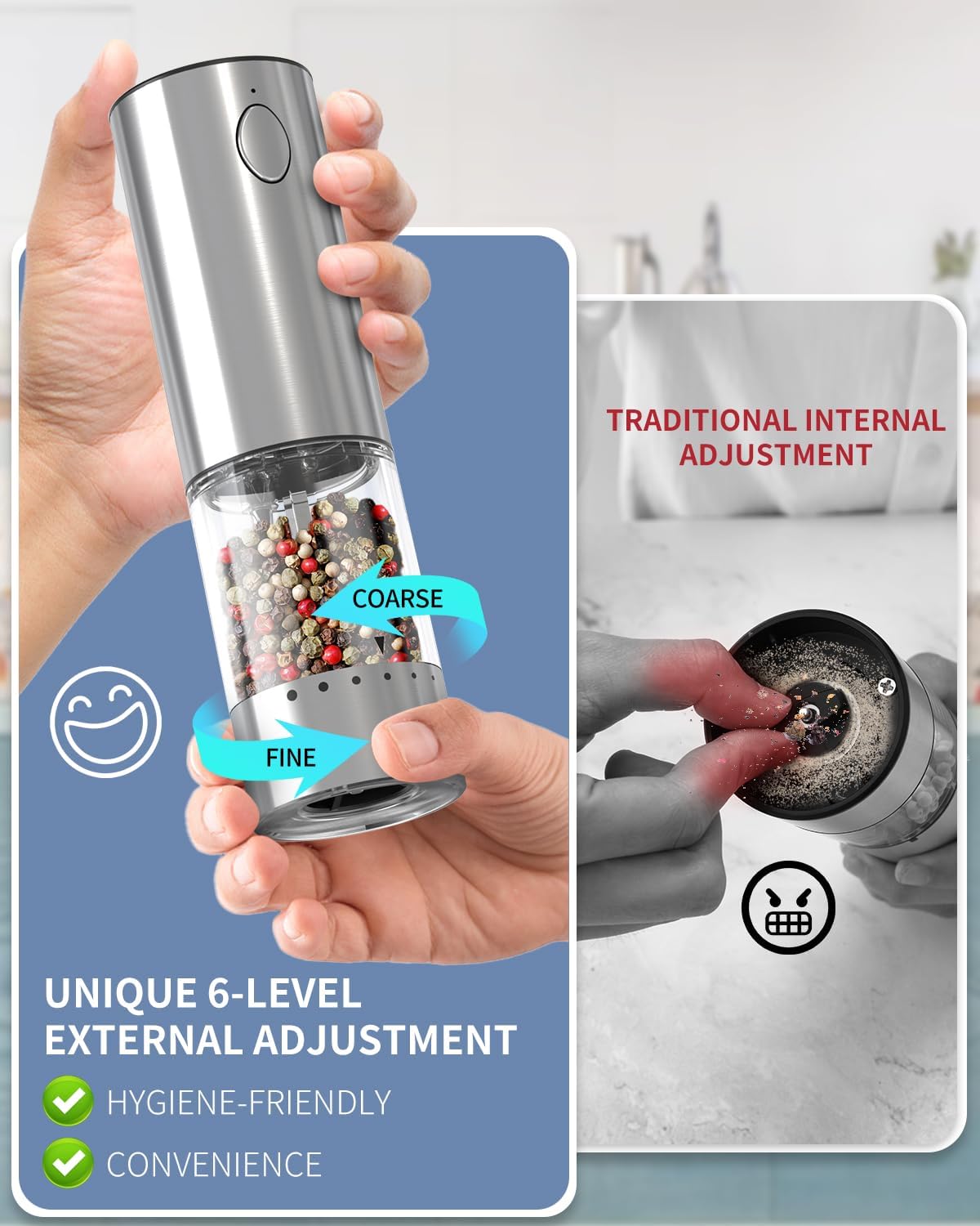 CIRCLE JOY Stainless Steel Electric Pepper Grinder, Rechargeable Pepper Mills with LED Light, 6-Level External Adjustable Coarseness for Easy Use