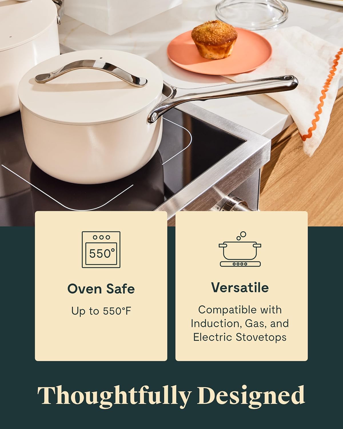 Caraway Nonstick Ceramic Sauce Pan with Lid (3 qt) - Non Toxic, PTFE & PFOA Free - Oven Safe & Compatible with All Stovetops (Gas, Electric & Induction) - Navy