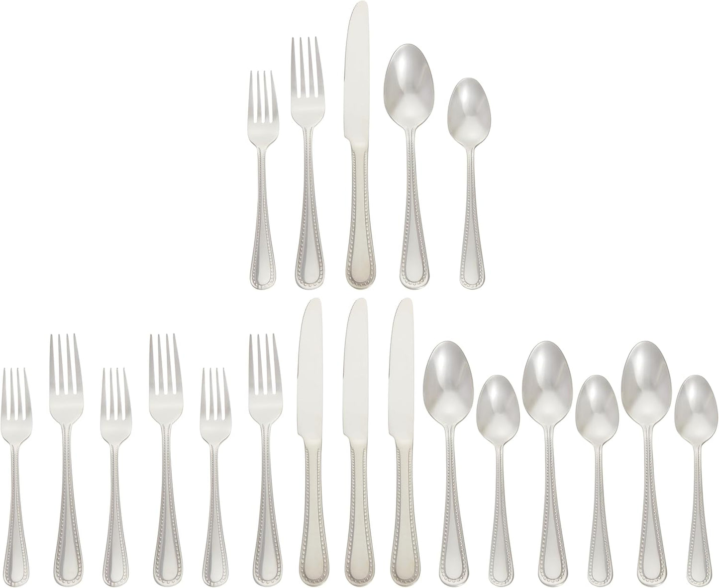 Amazon Basics Silverware Set, Stainless Steel Flatware, Dishwasher Safe, Service for 4, 20-Piece Forks and Spoons, Pearled Edge