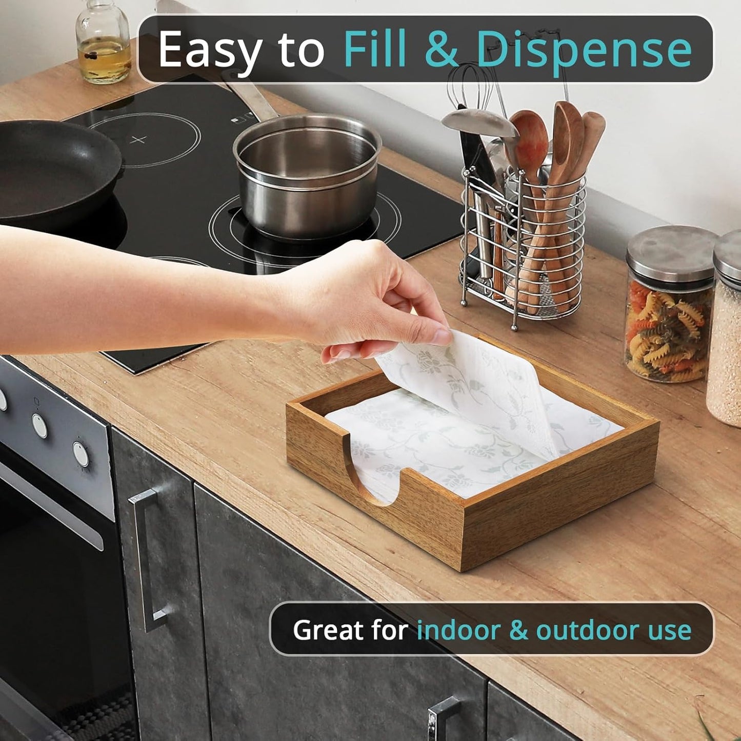 Acacia Wood Napkin Holder for Table, Napkins Holders For Paper Napkins, Flat Napkin Holder for Luncheon, Napkin Holders for Kitchen Dinner Table Decor, Napkin Dispenser for Indoor & Outdoor Use