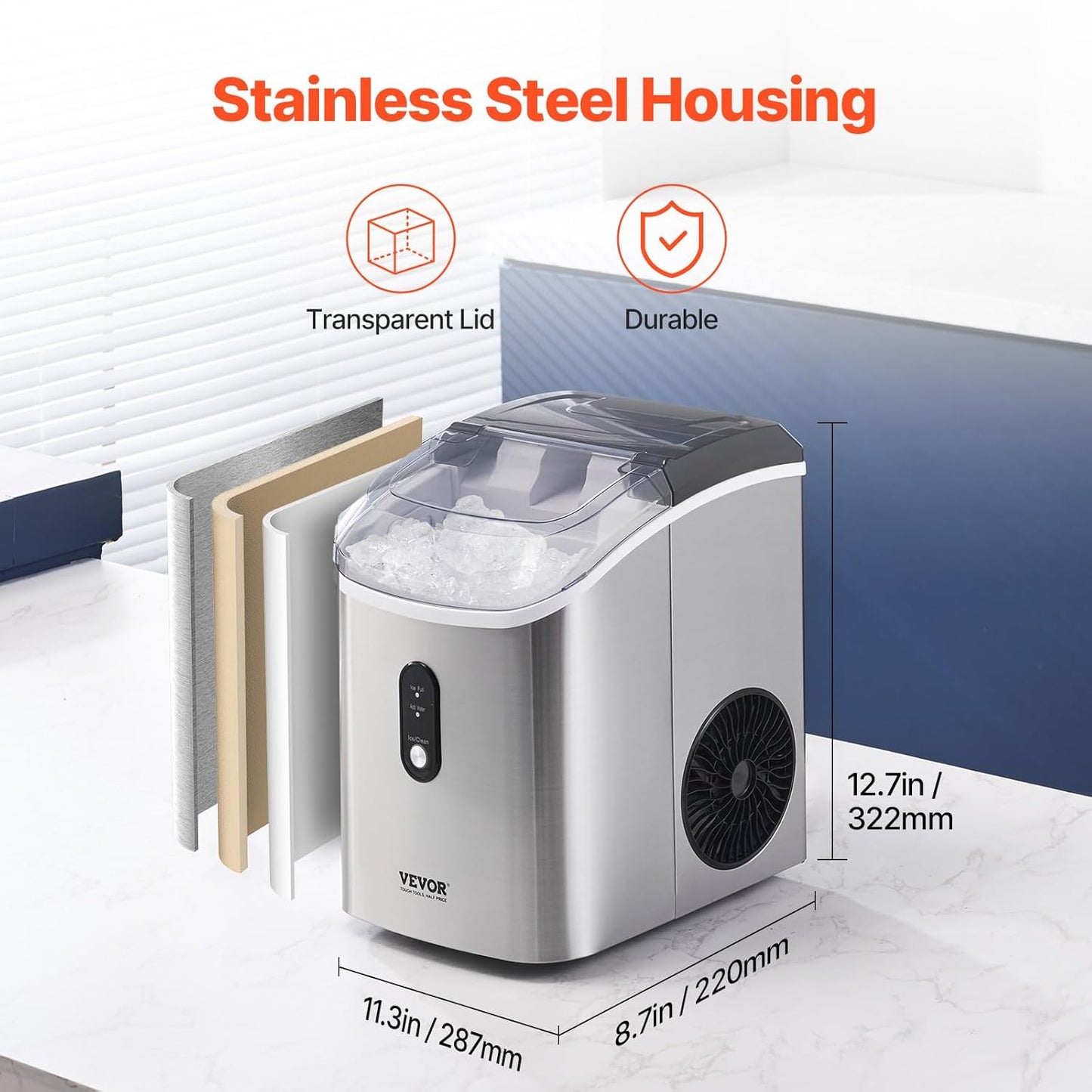 VEVOR Nugget Ice Maker, 33lbs/24H Pebble Ice Maker with Self Cleaning, Chewable Ice Maker with Ice Scoop & Basket, Stainless Steel Ice Machine with Transparent Lid for Home Kitchen Office Bar Party