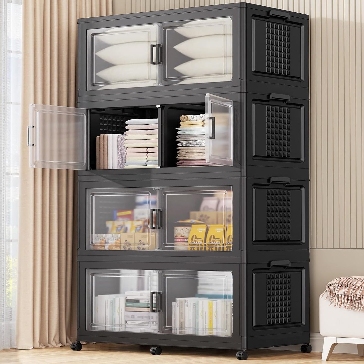 69.3"H 200Gal Plastic Storage Bins with Lid & Wheels,4Pack Extra Large Stackable Storage Bins with Dividers,Closet Organizers and Storage Cabinet Shelves Collapsible Box for Home Kitchen,Black