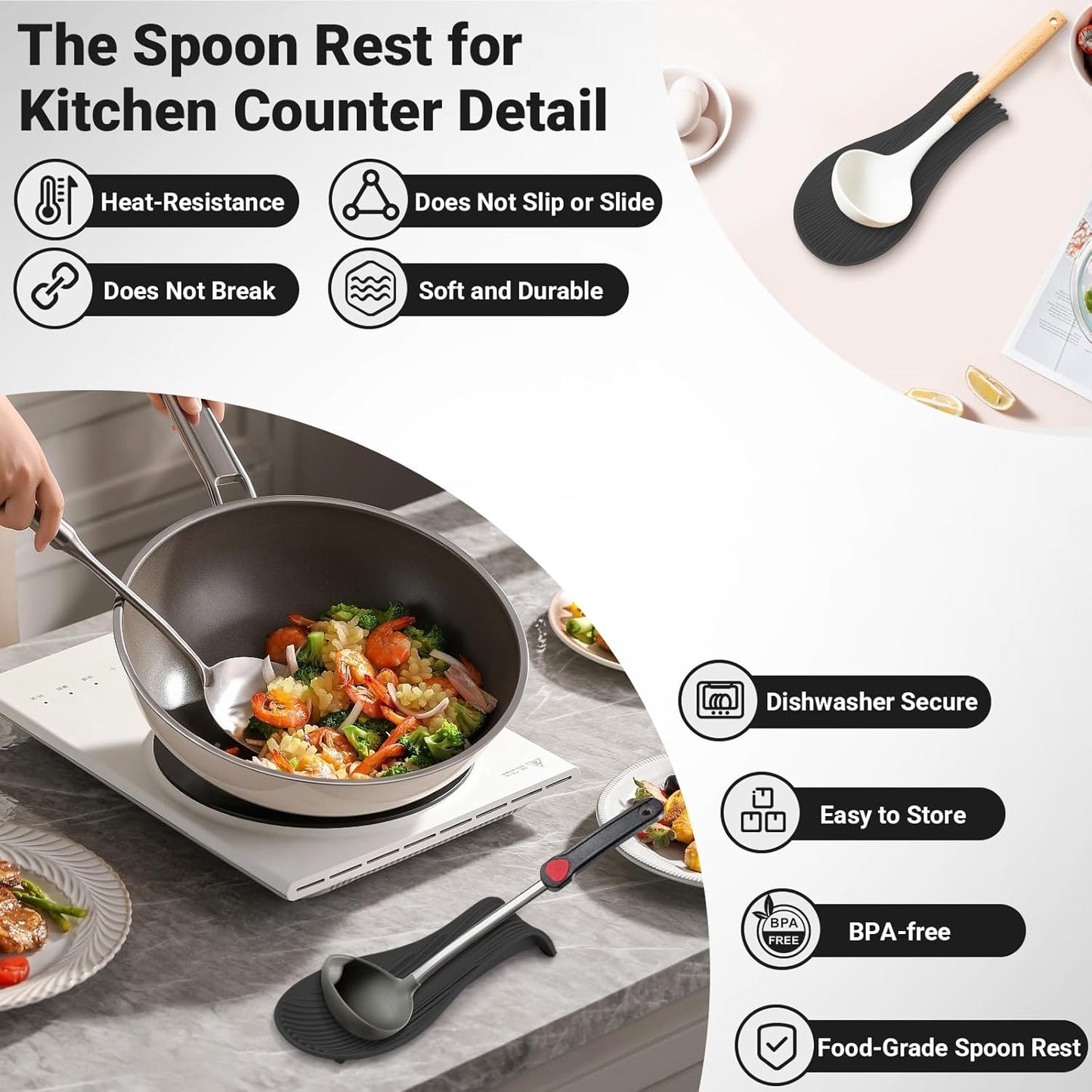 Heat Resistant Silicone Spoon Rest, Non-Slip Spoon Holder for Kitchen Counter, Silicone Spoon Rest for Stove Top for Spoons, Spatulas, Ladles, Tongs (Black)