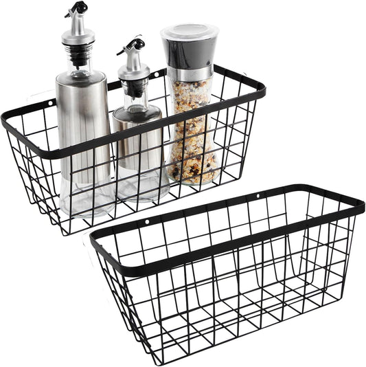 2 Pack Hanging Wall Basket Organizer Over the Cabinet Door Wire Baskets for Organizing -Space-Saving Hanging Baskets for Organizing Wall Mount Storage,No Drilling Adhesive Wall Storage Basket, Black