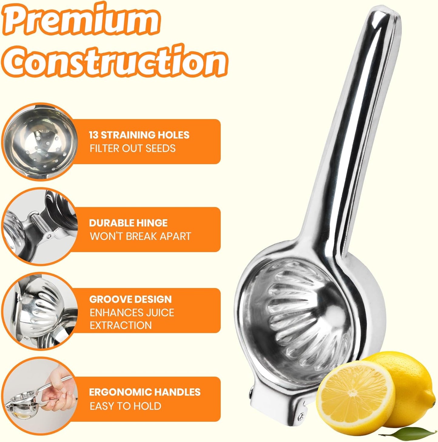 Stainless Steel Lemon Squeezer | Heavy Duty Handheld Juicer with X-Large Bowl | Premium Manual Citrus Press | Stainless Steel Lemon Lime Squeezer & Juicer Hand Press | Rust-Resistant, Dishwasher Safe
