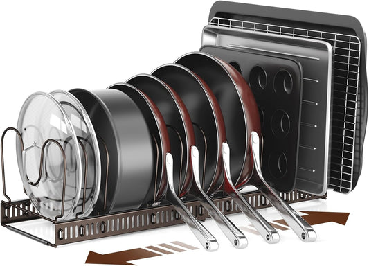 ORDORA Pots and Pans Organizer under Cabinet with Pan Holder: Expandable 11.8"-22.8" Kitchen Cabinet Organizer Rack, 12 Adjustable Dividers Storage for Cookie Sheets, Cutting Boards & Lid, Bronze
