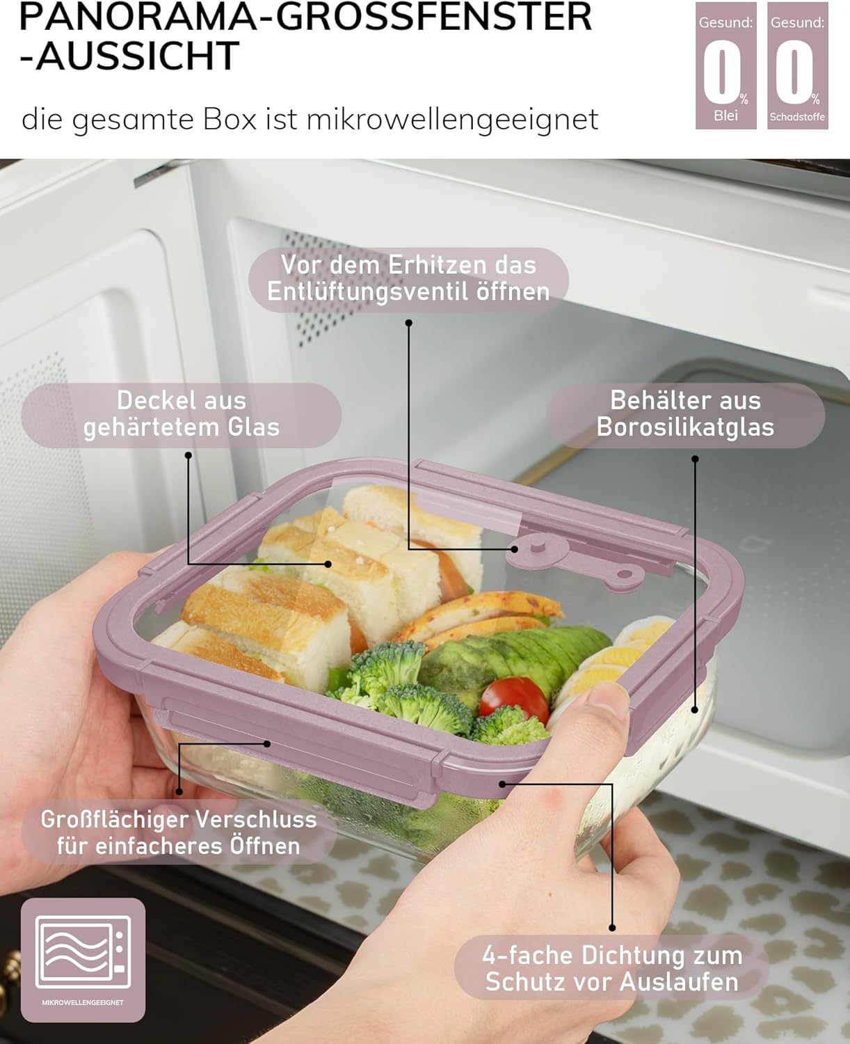 5-Pack Borosilicate Glass Containers with Tempered Lids, 35.2oz/4.4 Cup Airtight Meal Prep Set, Microwave/Freezer Safe (Pink)