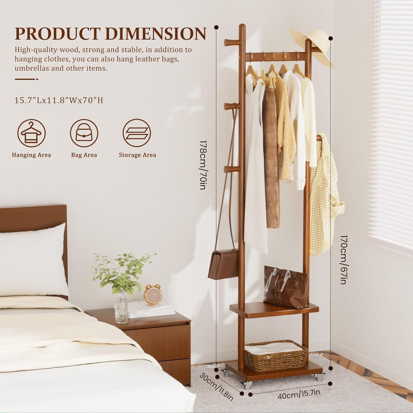 Solid Wood Coat Rack Freestanding Clothing Rack with Wheels & 2 Shelves Storage & 5 Hooks Heavy Duty Clothes Rack Wood Coat Tree Stand Hat Hanger Rack for Corner Bedroom Entryway Living Room Hotel