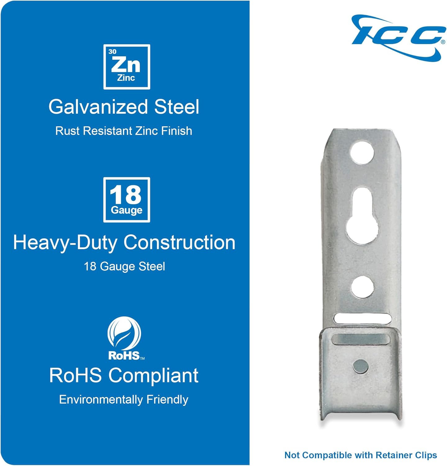 ICC 3/4-Inch Wall Mount J-Hook – 25-Pack, Cable Support Hooks Without Retainer Clips, Galvanized Steel with Zinc Finish – for Structured Cabling and Cable Management