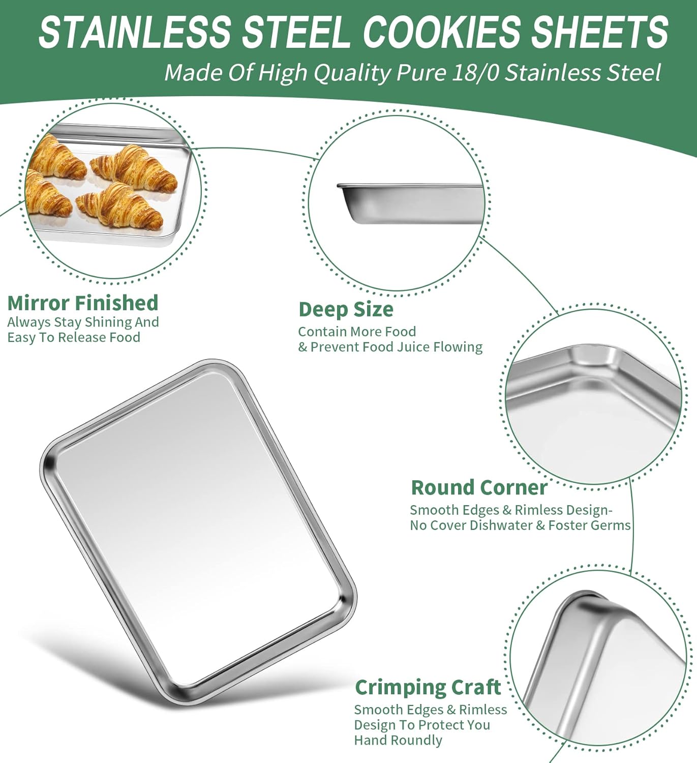 Baking Sheets Set of 2, HKJ Chef Cookie Sheets 2 Pieces & Stainless Steel Baking Pans & Toaster Oven Tray Pans, Rectangle Size 10 x 8 x 1 inch, Non Toxic & Healthy & Easy Clean