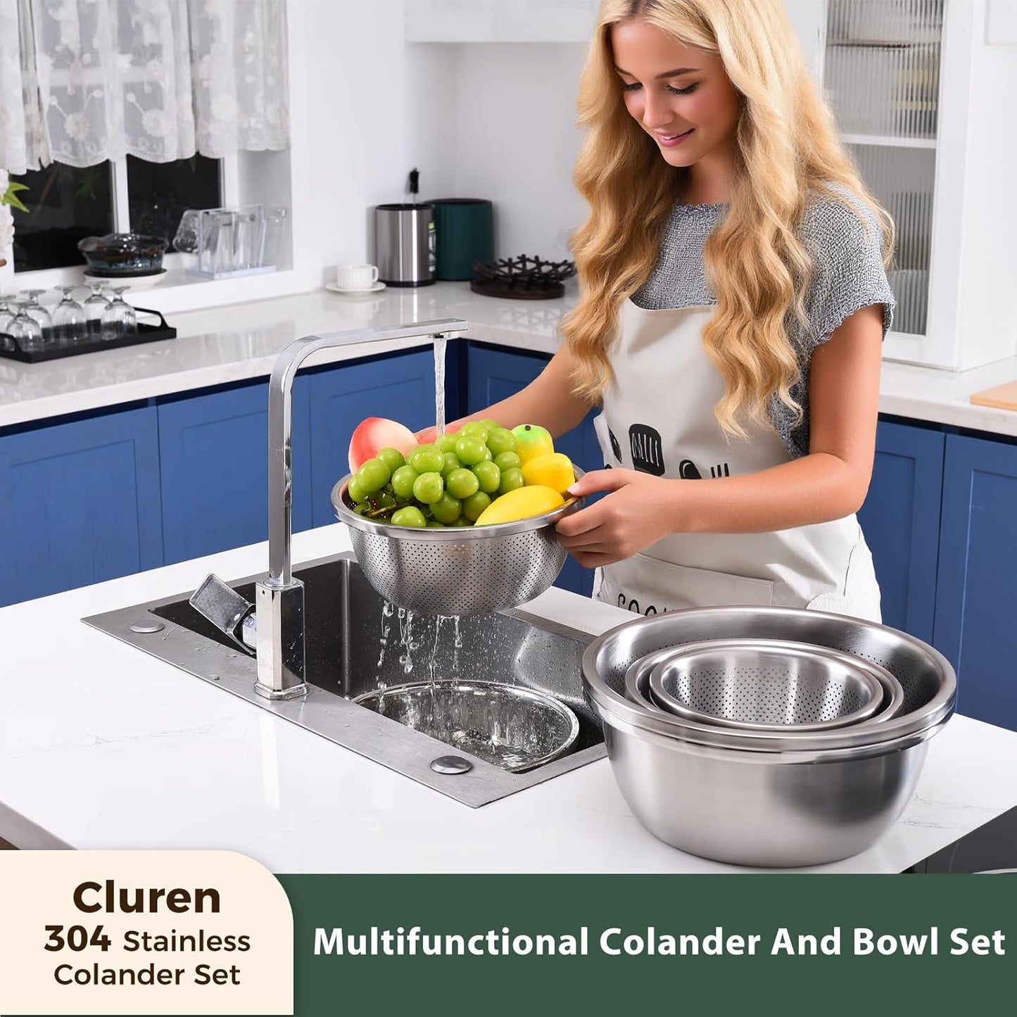 Colander and Bowl Set 1.8QT (2-in-1) - Thickened 304 Stainless Steel Kitchen Strainer Bowl for Fruit, Pasta, Vegetables, Rice - Heavy Duty, Induction Cooker & Dishwasher Safe