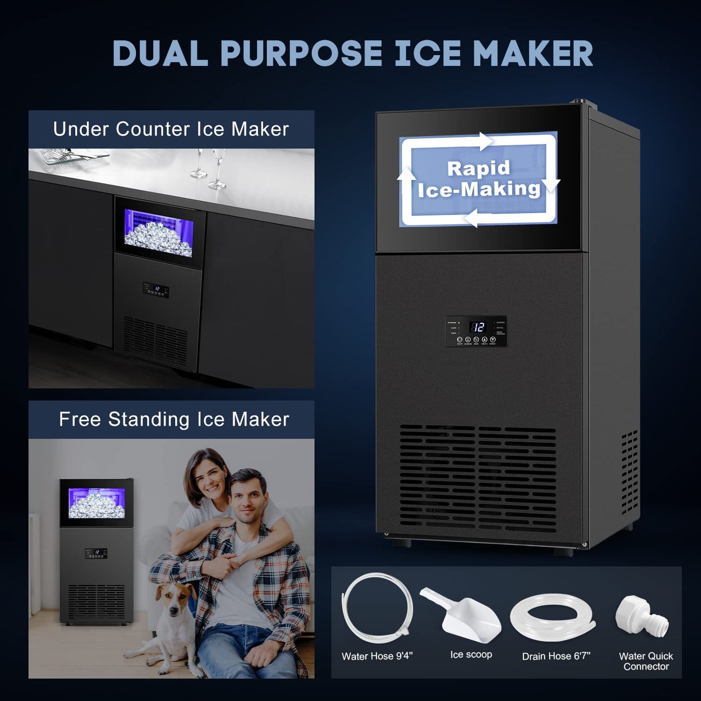 Upgraded Commercial Ice Maker - 130LBS/24H with 35LBS Storage Bin, 15" Wide Frosted Black Undercounter/Freestanding Ice Machine for Home Bar & Outdoor Use - Produces 45 Ice Cubes