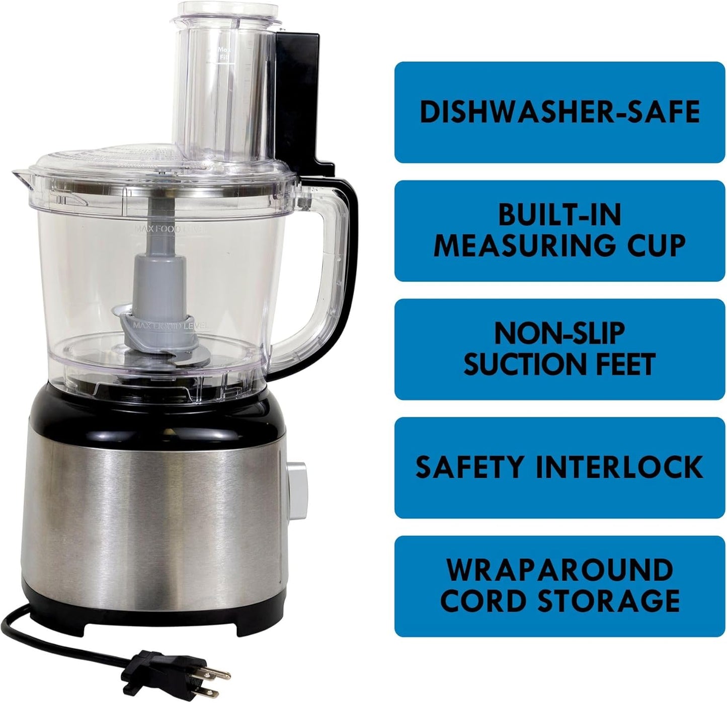 Kenmore 11 Cup Food Processor - Vegetable & Fruit Salad Cutter, Multifunctional, 500 W, Chopper, Slicer, Mincer, Puree, Grater, Blades, Shredder, Compact Stainless Steel Kitchen Appliances, Black