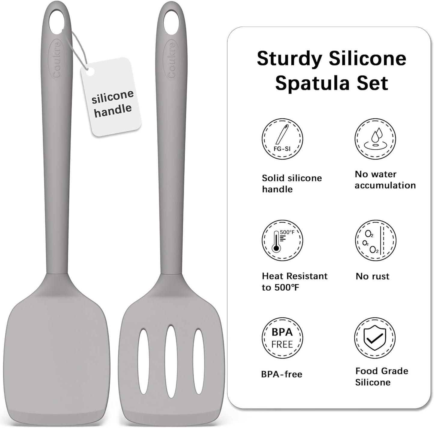 Coukre 2 Pack Silicone Spatula Set, High Heat Resistant, BPA Free Kitchen Spatula, Solid & Slotted Turner for Non-Stick Pans, Sautéing, and Flipping (2, PureGray)