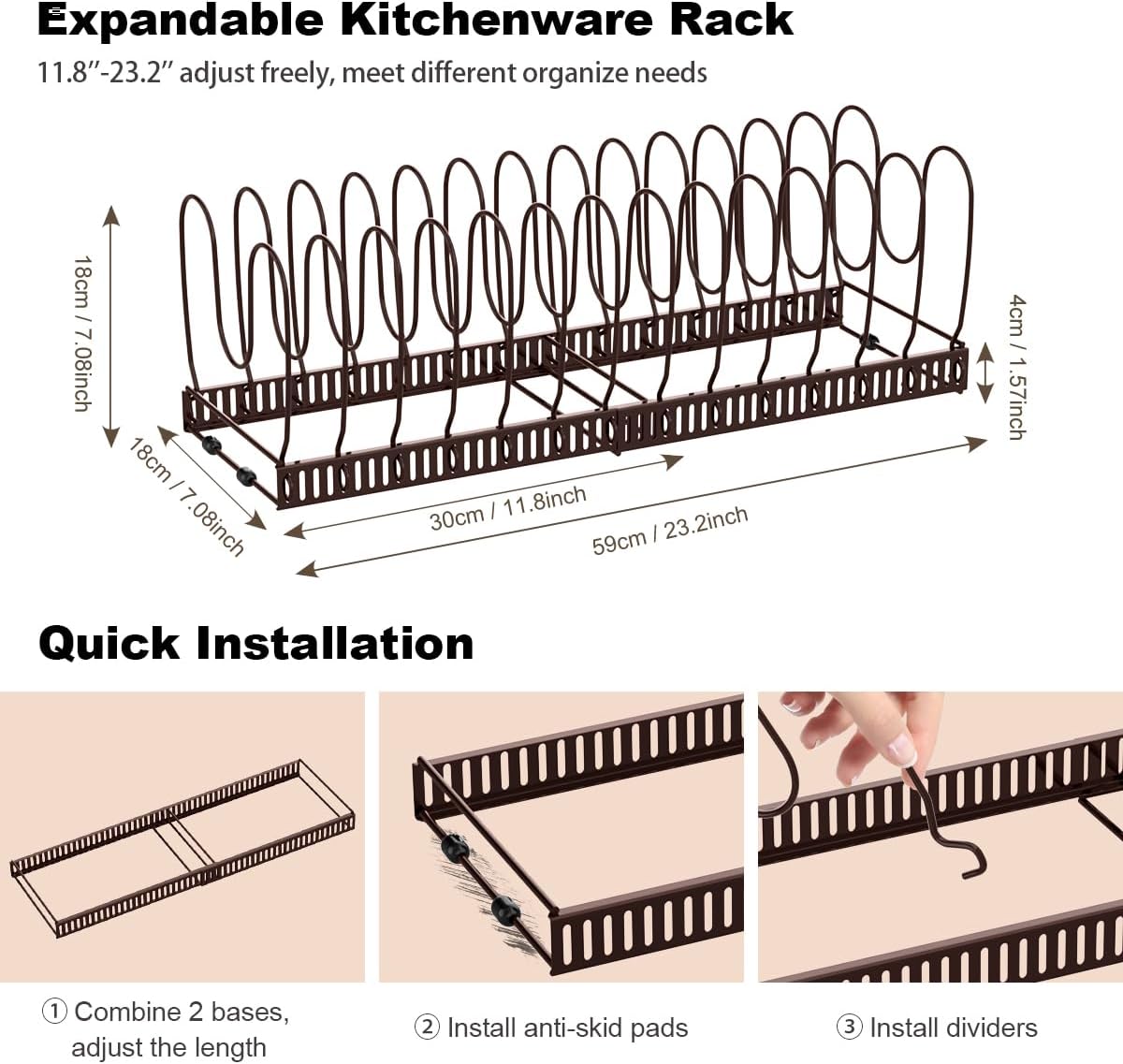 Housolution Pot and Pan Organizer Rack for Cabinet, Expandable Pot Lid Organizer with 14 Adjustable Dividers, Pan Holder Storage Rack for Kitchen Cabinet, Bronze