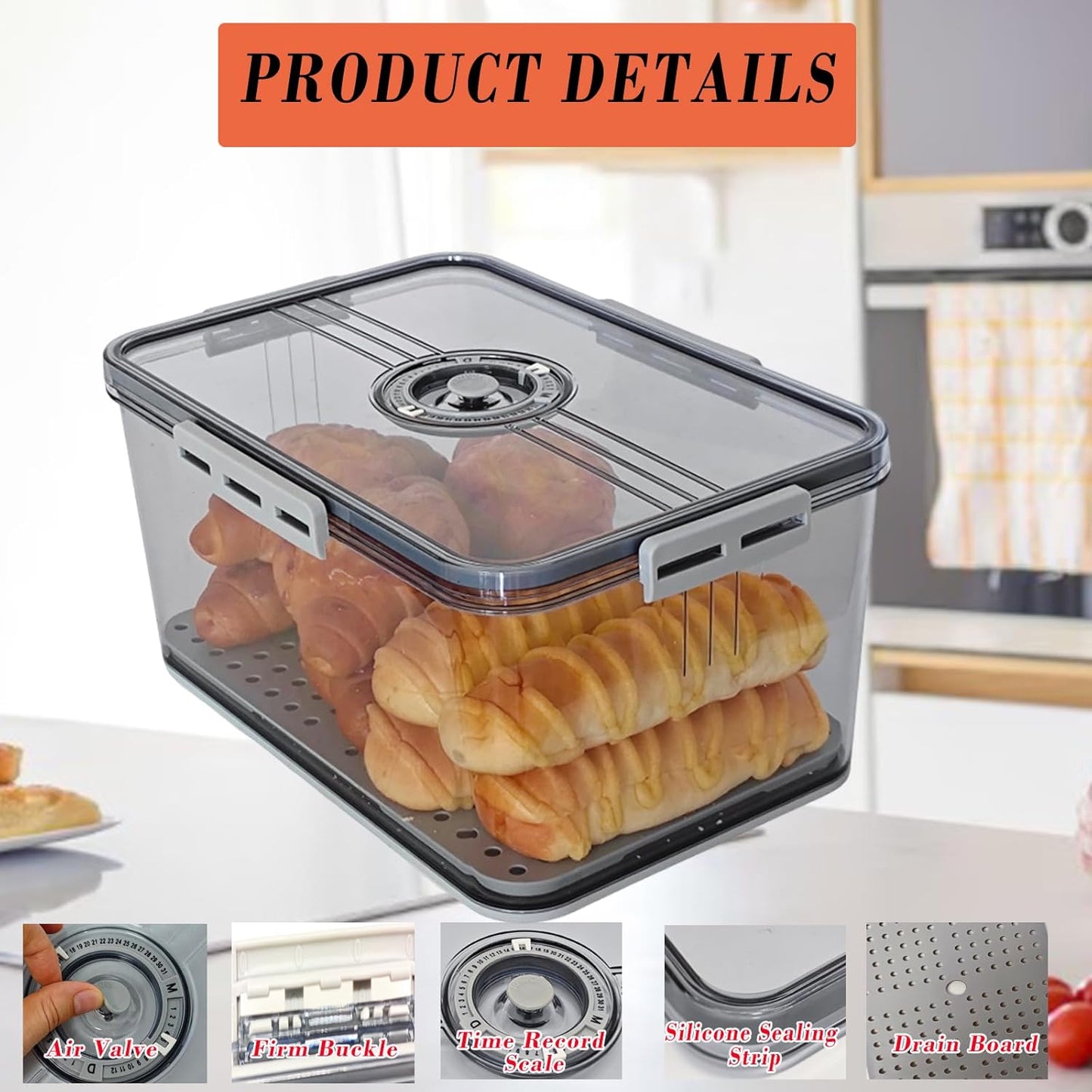 Bread Box Bread Boxs with Lid for Kitchen Counter, 10L Airtight Loaf Bread Storage Container，Time Recording Bread Keeper for Homemade Bread, Toast, Bagel, Donut and Cookies (Grey)