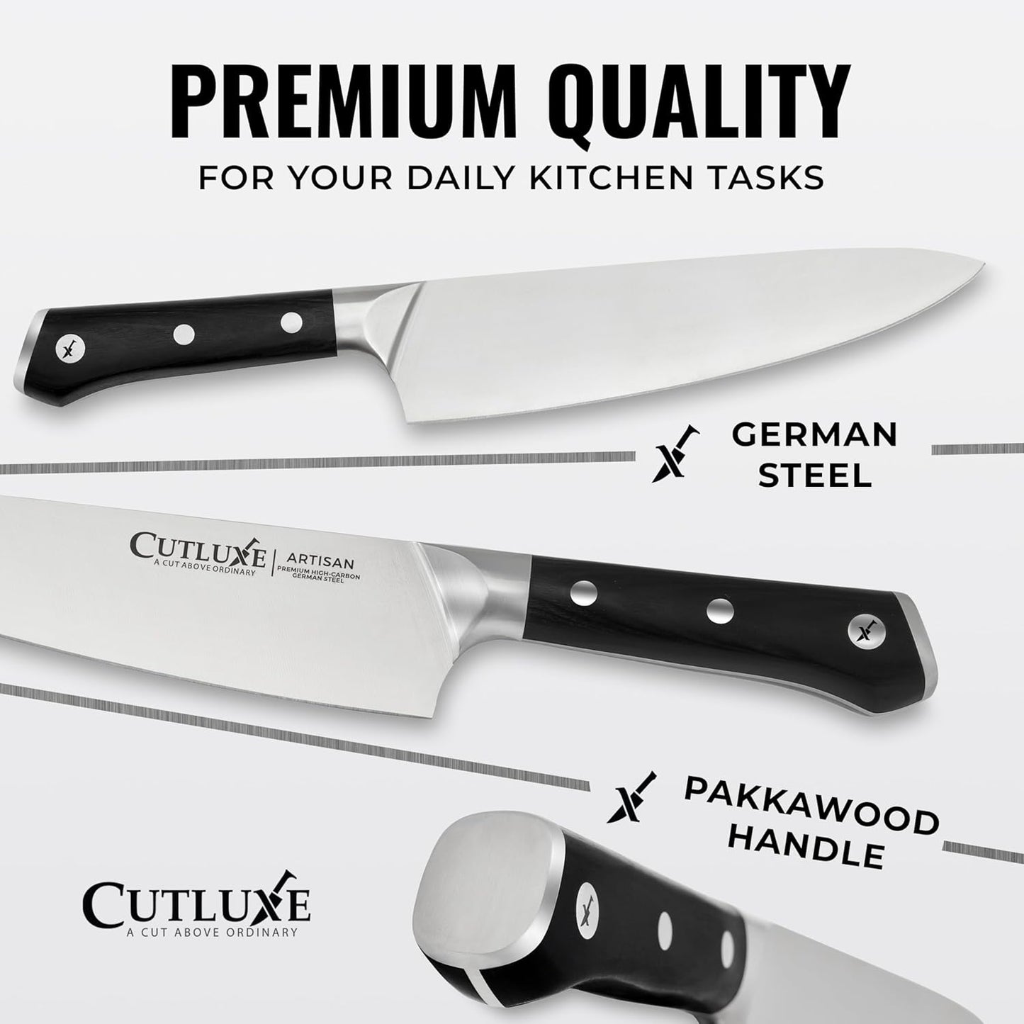 Cutluxe 15-Piece Knife Set – High Carbon German Steel Blades, Full Tang Design & Ergonomic Pakkawood Handles in Walnut Wood Block – Artisan Series