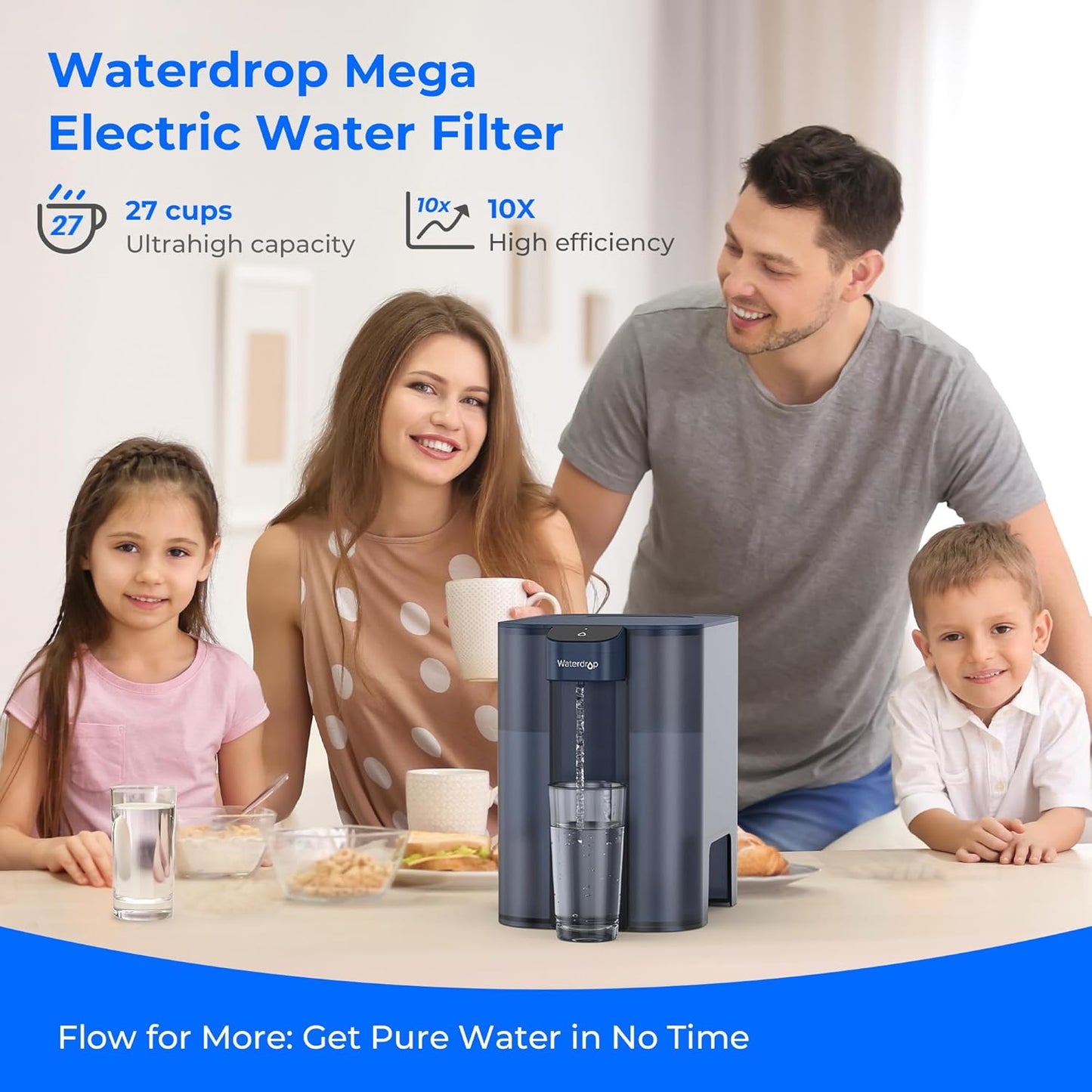 Waterdrop Large 27-Cup Mega Electric Water Filter Dispenser, 200-Gallon Rechargeable Instant Pitcher, NSF/ANSI 42&53&401&372, Reduce PFAS, Lead, Chlorine, with 1 Filter, Blue, Does not Lower TDS