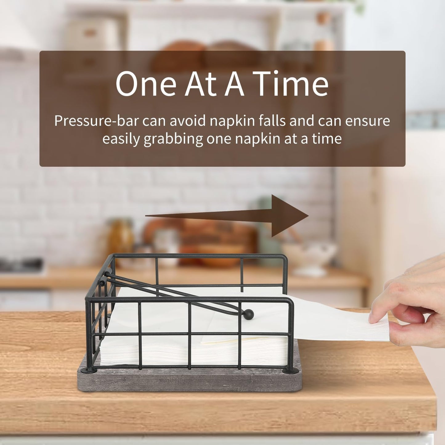 YINMIT Flat Napkin Holder for Table Wood, Gray Farmhouse Napkin Holders with Weighted Arm, Rustic Metal Square Napkin Holder Organizer for Kitchen Bathroom Dining Table