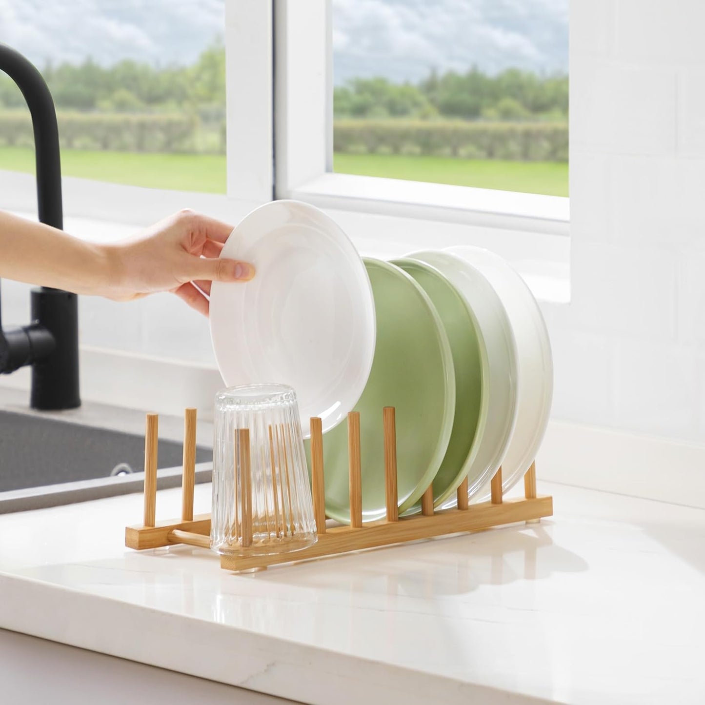 Bamboo Dish Drying Rack for Kitchen Counter and Cabinet, Dish/Book/Plate/Bowl/Cup/Cutting Board/Pot Lid Organizer for Kitchen, Living Room, Study, Display Cabinet (8 Slots)