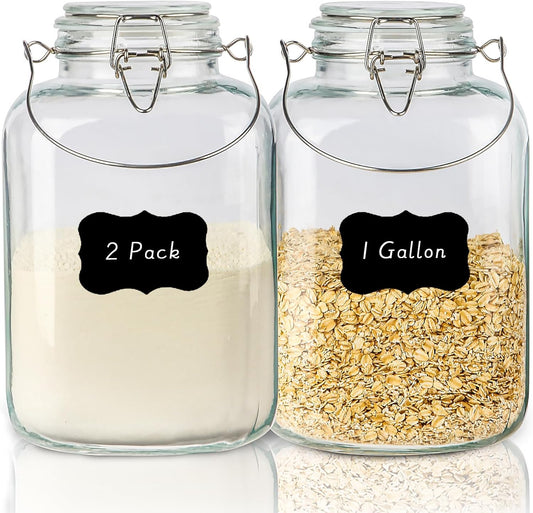 1 Gallon Airtight Glass Food Storage Jars Set of 2 with Lids, Extra Large Glass Storage Containers with Handle for Flour, Cereal, Coffee and Canning, Square Mason Jars with 8 Chalkboard Labels