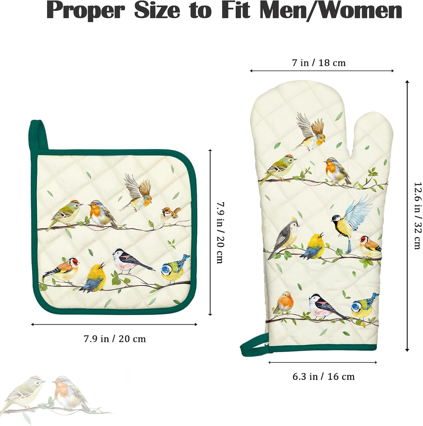 Bird Branch Oven Mitts and Pot Holders Sets 4Pcs, 100% Cotton Heat Resistant, Extra Long Oven Gloves Potholder for Kitchen Cooking Baking Decoration