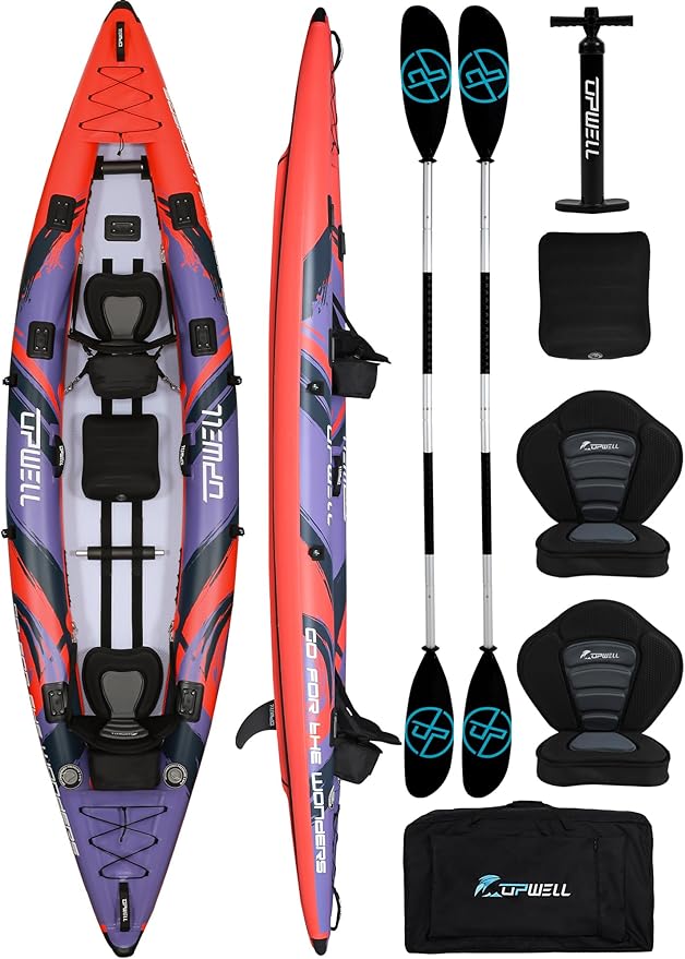 UPWELL 11'/14'6”Inflatable Kayak with Drop Stitch Floor and Accessories Including Kayak Seat with Thickened Cushion, Paddle, Fin, Repair Kits, Carry Bag and Hand Pump