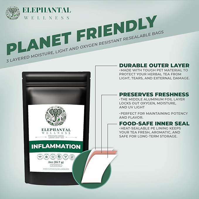 Elephantal Wellness Premium Inflammation Herbal Tea | Comfort & Mobility Blend with Turmeric, Boswellia, White Willow Bark & Ginger | Handmade, Non-GMO, Caffeine-Free Loose Leaf, 2oz, 20 Servings