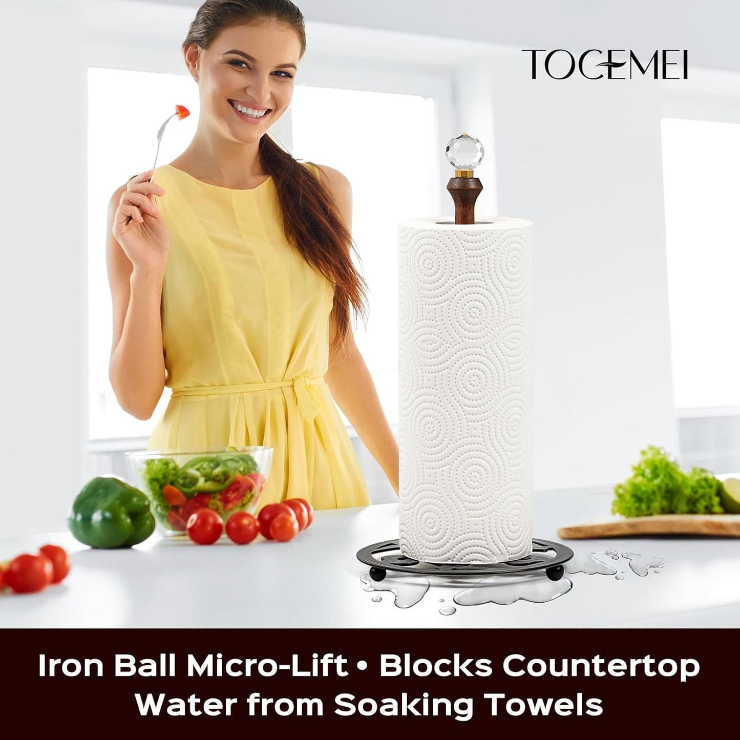 Wooden Countertop Paper Towel Holder,Iron Base with Die-Cast Pattern, Solid Wood Rod & Crystal Finial Top,Slow Reveal Artistry, Stable&Durable, Easy Install - Elevates Kitchen Décor(Black)