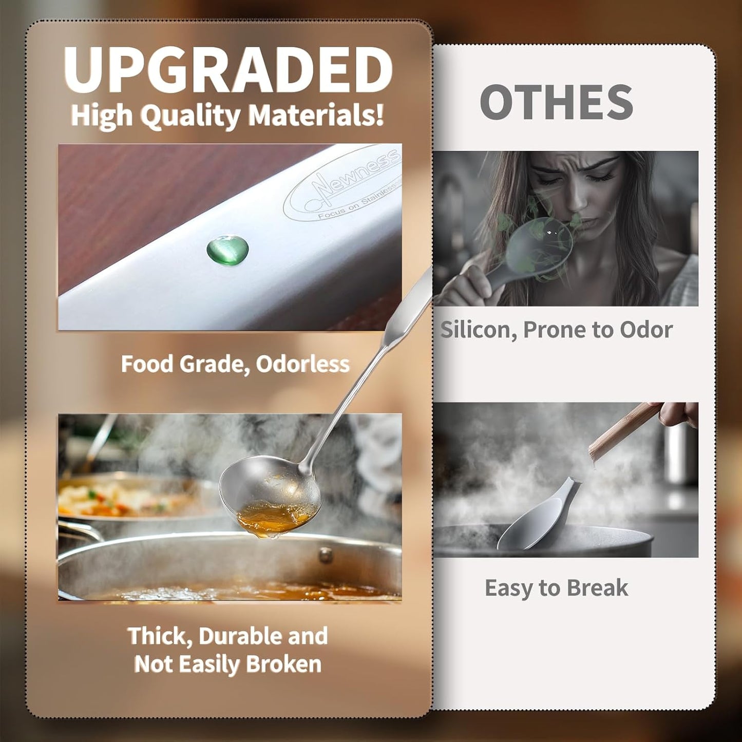 Newness 4 Pcs Cooking Utensils Set, 304 Stainless Steel Kitchen Utensils Set, Metal Kitchen Accessories, Include Soup Ladle, Slotted Skimmer Spoon, Spaghetti Spoon and Spatula, Dishwasher Safe