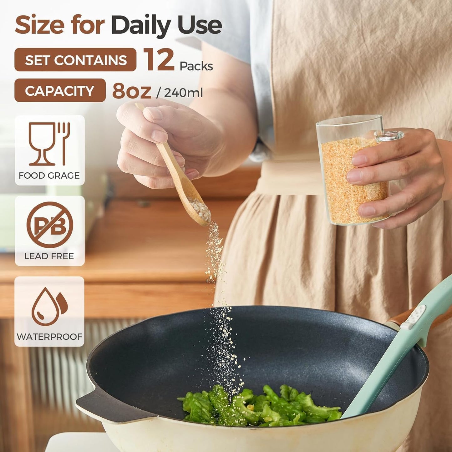 ComSaf Spice Jars with Spoon 8 oz 6Pack, Small Spice Containers Starter Set, Glass Seasoning Jars with Labels, Round Seasoning Containers for Salt, Pepper, Chili Powder, Sugar, Loose Tea Storage