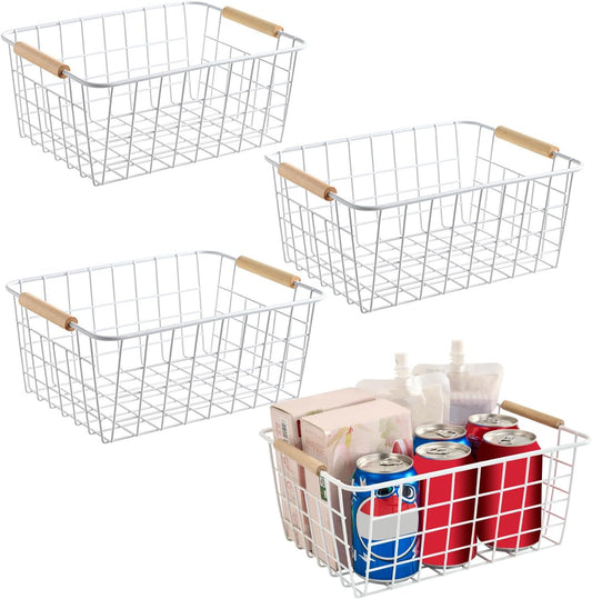 LeleCAT White Wire Baskets for Organizing with Handles，Pantry Organizers and Storage For Kitchen, Household Snack Basket for Cabinets, Closets, Bedrooms,food - Set of 4(White)