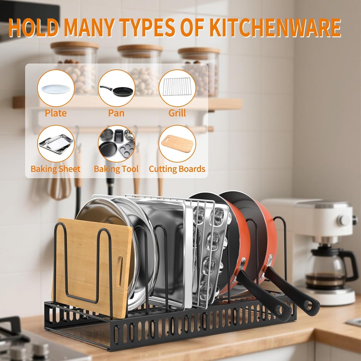 Pot Lid Organizer for Cabinet,7 Adjustable Dividers Storage for Cabinet - Heavy-Duty Pot & Pan Organizer - Perfect to Store Pots, Bakeware, Plates, Cookie Sheets, Trays, Dish, Cutting Boards