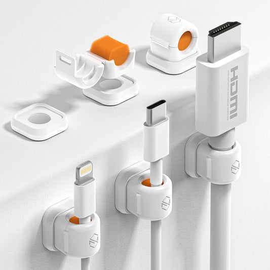6 Pack Sinjimoru Magnetic Cable Clips, Compact Size Cord Organizer & Cable Management for Desk, Nightstand & Car, Fits up to 7.5mm Cables, White